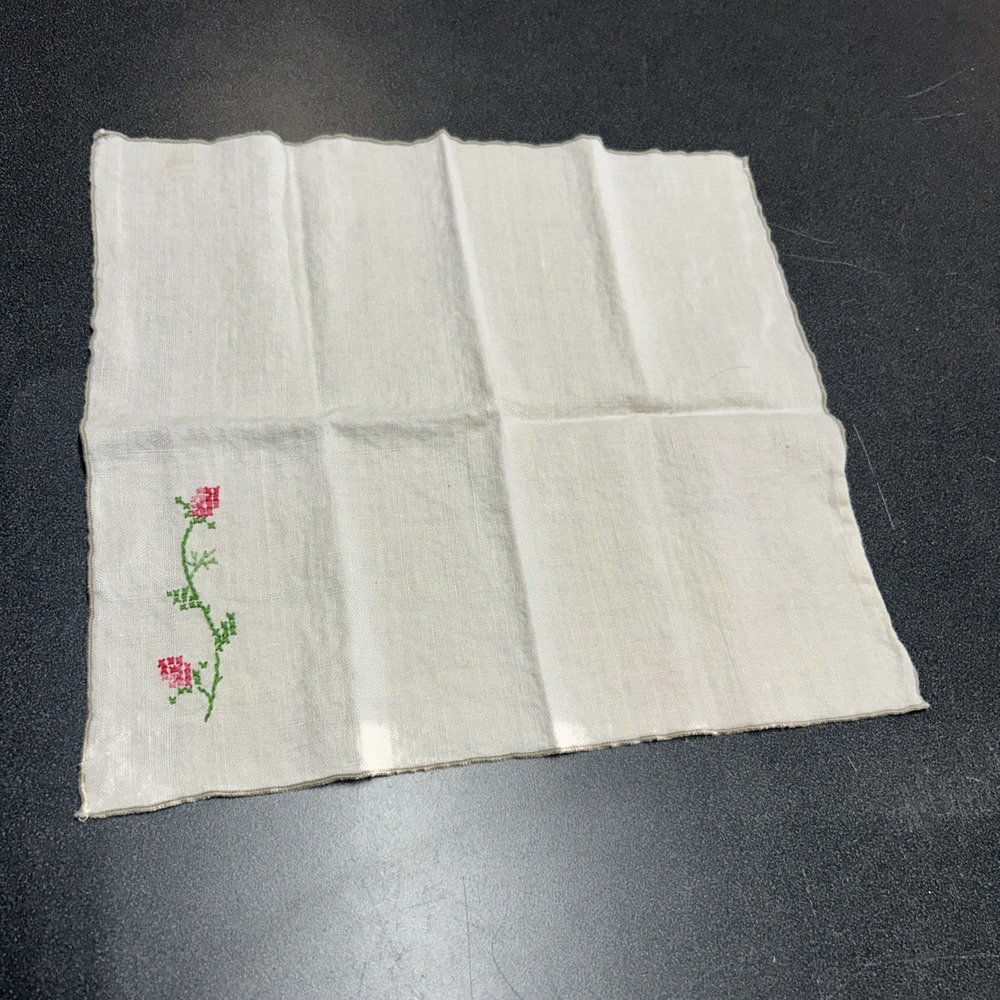 Vintage Cross Stitch Cloth Floral Roses Pink Flowers Handkerchief